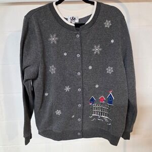 Vintage C&K Designs Snowflake Birdhouse Embroidered Cardigan Sweater L Winter